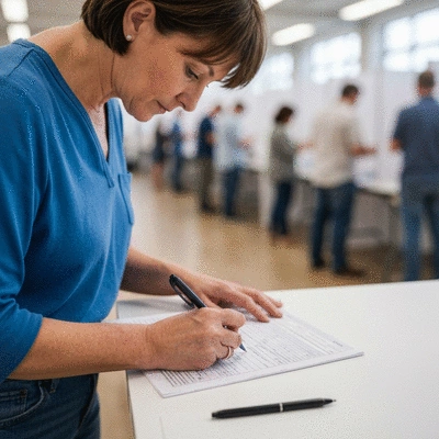 Person filling out a voter registration form with a pen, with a blurred background of a polling place