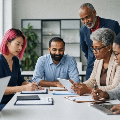 Diverse group of people collaborating around a table, looking at documents and digital devices, representing advocacy and community planning, modern office setting, no text, no words, no typography, no labels, clean image