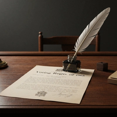 Close-up of a historical document representing the Voting Rights Act of 1965, with a quill pen and inkwell