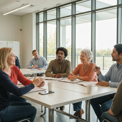 A diverse group of citizens actively participating in a community meeting, asking questions and engaging in discussion, representing civic engagement, no text, no words, no typography, clean image