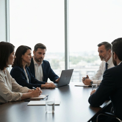 Governor discussing state budget with advisors in a modern office, no text, no words, no typography, clean image