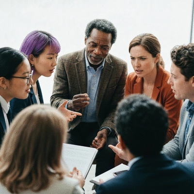 Diverse group of people from different countries engaging in civic discourse, symbolizing global democratic systems and accountability. No text, no words, no typography, no labels, clean image.