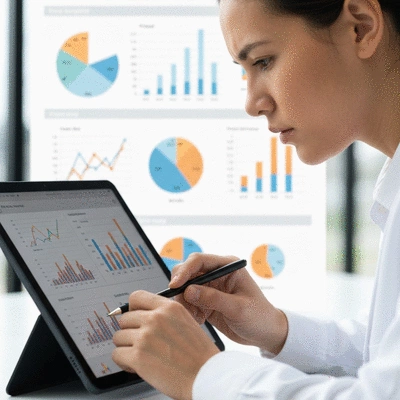 Person analyzing poll results on a digital tablet, with charts and graphs, representing critical engagement and informed decision-making, no text, no words, no typography, clean image