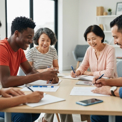 People actively engaging in a community health workshop, diverse ages and backgrounds, no text, no words, no typography, 8K