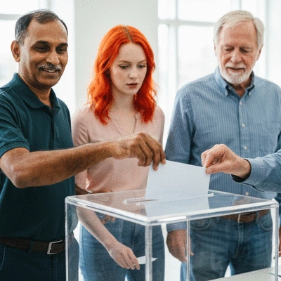 People actively participating in a voting process, hands putting ballots into a box