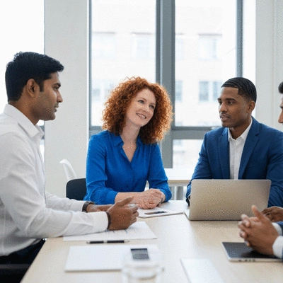 Diverse group of people discussing economic policy in a bright, modern meeting room