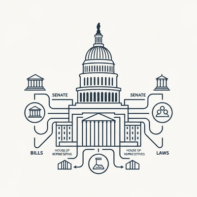 Stylized graphic showing the U.S. Capitol building with lines connecting to various legislative concepts like 'House of Representatives', 'Senate', 'Bills', 'Laws', symbolizing the structure and function of Congress, no text, no words, no typography, no labels, clean image