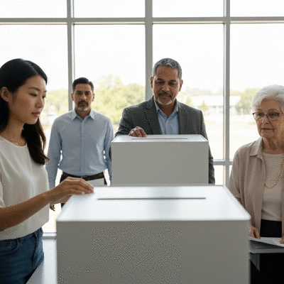 Diverse group of people casting votes in a modern voting booth, showing civic engagement, no text, no words, no typography, clean image