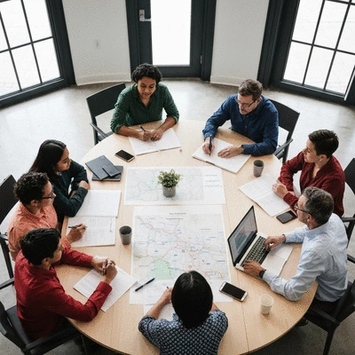 Overhead view of a campaign strategy meeting with diverse participants brainstorming, election maps, and laptops, no text, no words, no typography, clean image