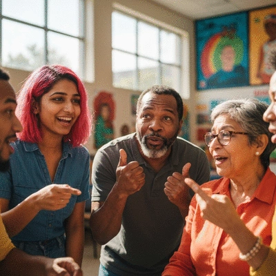 Diverse group of people actively discussing voting and civic engagement