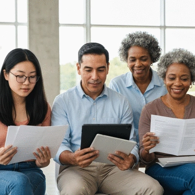 Diverse group of voters thoughtfully reading candidate biographies on digital tablets and paper, in a bright modern setting, no text, no words, no typography, 8K