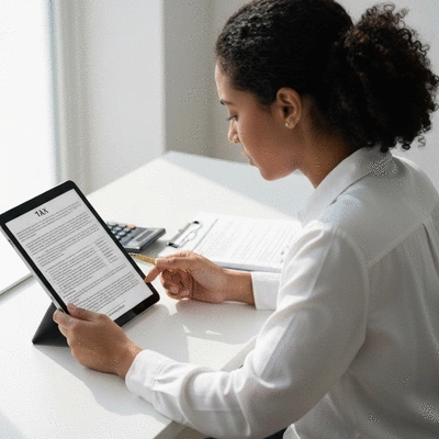 Person reviewing tax documents on a tablet with a pen and calculator nearby.