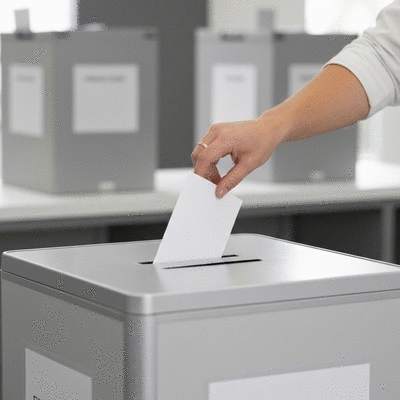 Person casting a ballot in a modern voting booth, showing a hand placing a ballot into a box