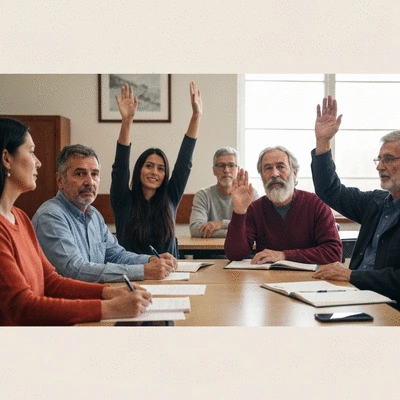 Diverse group of citizens actively participating in a community meeting about local governance, raising hands, clean image, no text, no words, no typography