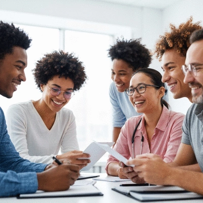 Diverse group of people in a community setting discussing healthcare policy documents, no text, no words, no typography, 8K