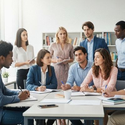 Diverse group of people attending a candidate training workshop, taking notes and discussing