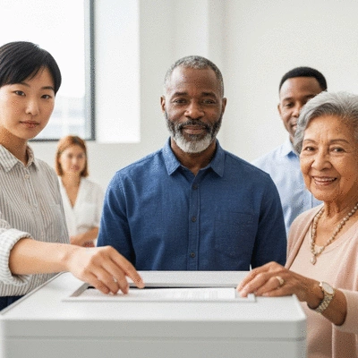 Diverse group of people in a voting booth, casting their ballots, representing civic engagement and new leadership