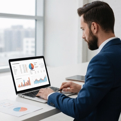 Person using a laptop to research political candidates and campaign finance data, with charts and graphs on screen, no text, no words, no typography, clean image