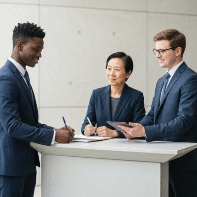 A diverse group of people representing different government roles (e.g., legislator, judge, president) interacting respectfully in a modern government building setting. No text, no words, no typography, no labels, clean image.