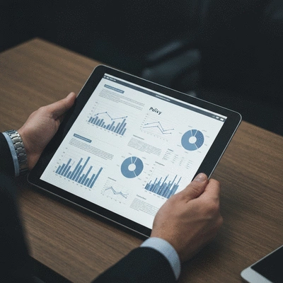 Close-up of hands holding a tablet displaying a policy document with data visualizations, clean image, no text, no words, no typography, no labels
