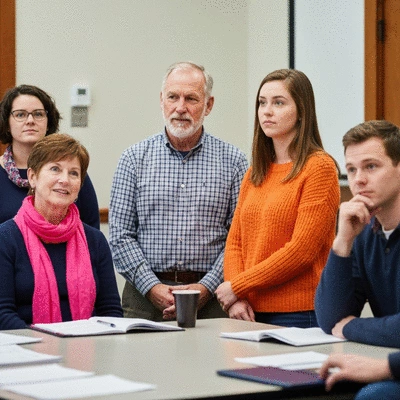 Diverse group of people in a town hall meeting, actively listening and engaging with a speaker, symbolizing civic engagement and independent thought