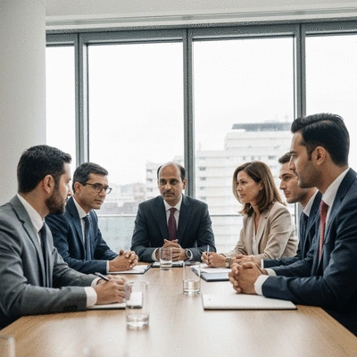 Professional looking individuals in a meeting, representing appointed officials discussing policy