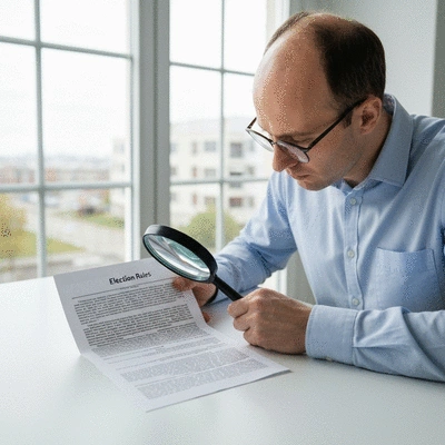 Person studying election rules document with magnifying glass