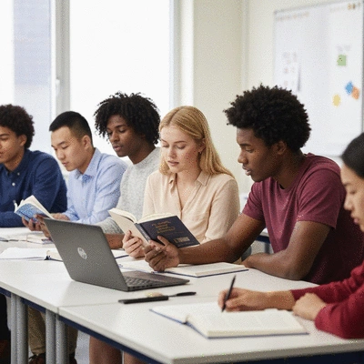 Student reading a book with diverse classmates in a modern, well-equipped classroom, symbolizing equal access to educational resources. No text, no words, no typography, 8K.