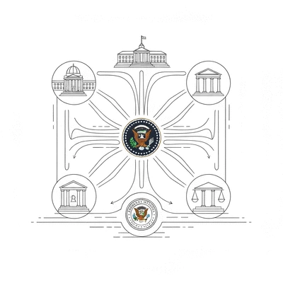Stylized representation of three distinct governmental branches with connecting lines, symbolizing checks and balances, clean image, no text