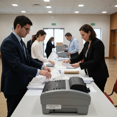 Election officials carefully counting ballots by hand and using machines in a well-lit room