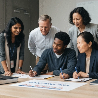 Group of diverse people discussing an election checklist, clean image, no text, no words, no typography, 8K