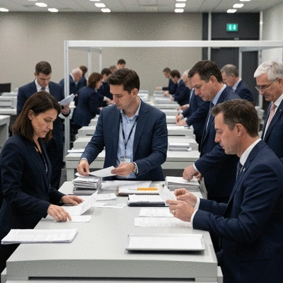Election officials meticulously reviewing paper ballots and digital screens in a modern counting center, ensuring accuracy and transparency, no text, no words, no typography, no labels, clean image