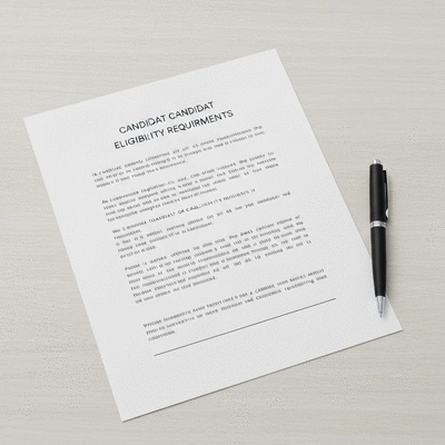 A checklist or document outlining candidate eligibility requirements on a clean desk, with a pen beside it.