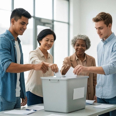Diverse group of people casting votes in a ballot box, representing civic participation