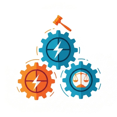 Stylized graphic showing three interconnected gears labeled Legislative, Executive, and Judicial, symbolizing checks and balances. No text, no words, no typography, no labels, clean image.