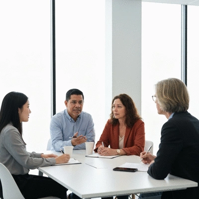 Diverse group of people discussing political policies in a modern, well-lit meeting room, no text, no words, no typography, no labels, clean image