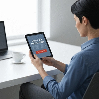A person holding a tablet displaying a clear call-to-action button for a political guide, with a blurred background of a modern office, no text, no words, no typography, 8K