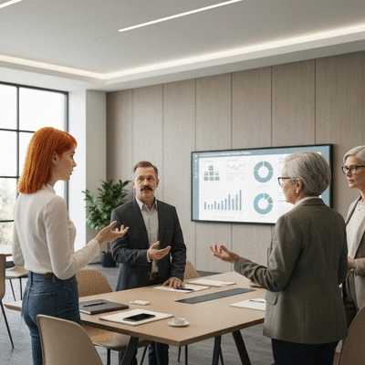 Diverse group of people in a bright, modern meeting room discussing education policy, with charts and graphs on a screen in the background. No text, no words, no typography, 8K.