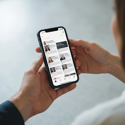 Close-up of hands holding a smartphone displaying a social media feed with political campaign news, symbolizing staying informed and supporting candidates