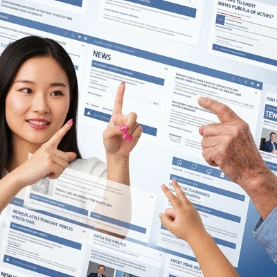 Multiple hands interacting with a digital interface showing news headlines, representing civic engagement and informed public