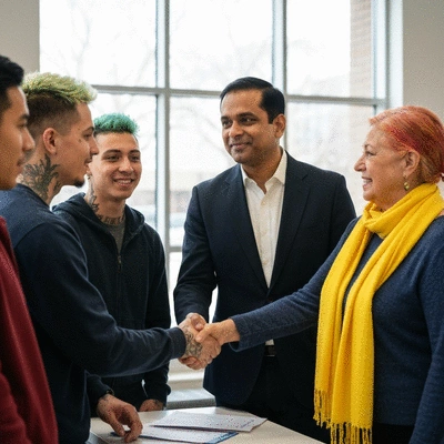 Candidate shaking hands with diverse voters at a campaign event, showing connection and engagement, in a well-lit indoor setting, no text, no words, no typography, 8K