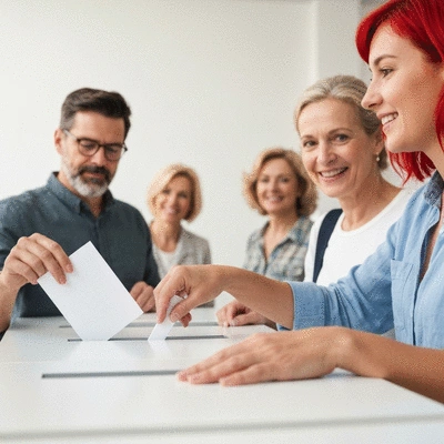 Diverse group of people casting ballots in a modern, clean voting booth