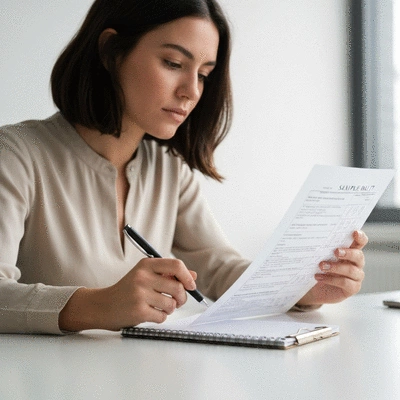 Person reviewing a sample ballot with a pen and notepad