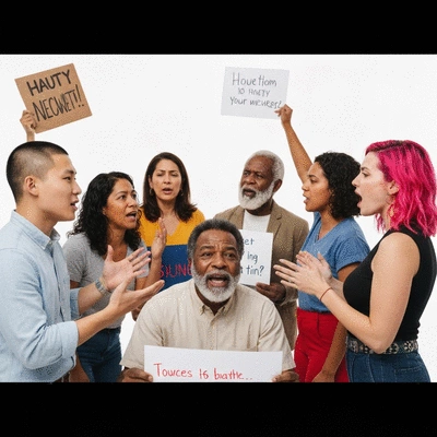 Diverse group of people discussing politics, representing public opinion and civic engagement