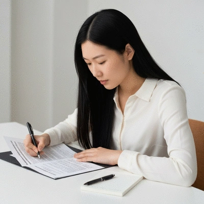 Person reading a document about voter requirements, with a pen and notepad nearby, clean and well-lit, no text, no words, no typography, clean image