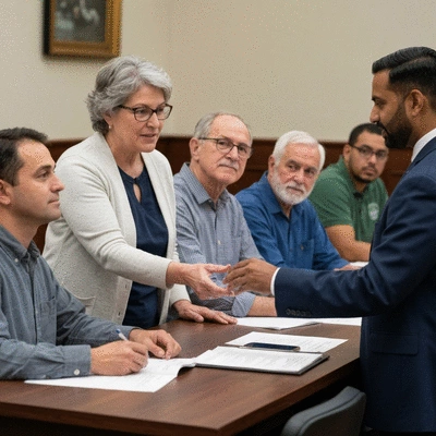 Citizen engaging with state government, possibly at a town hall meeting or community forum