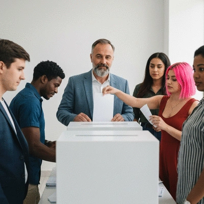 Diverse group of people casting ballots at a voting booth